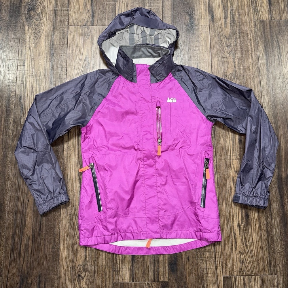 REI Co-Op Rainwall Full Zip Hooded Nylon Jacket Girls Size Medium Pink Purple